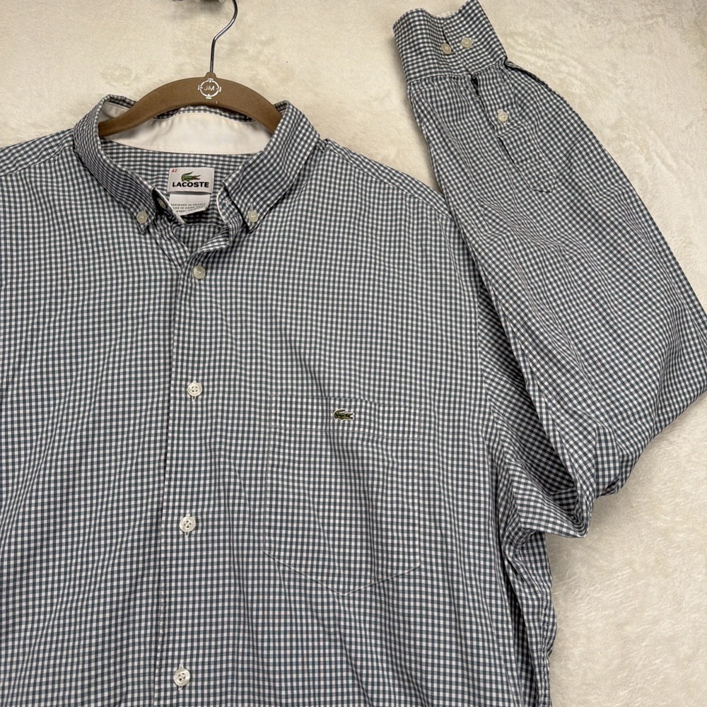 Lacoste‎ Button Down Shirt Men's L 42 Gray Gingham Long Sleeve Croc Logo